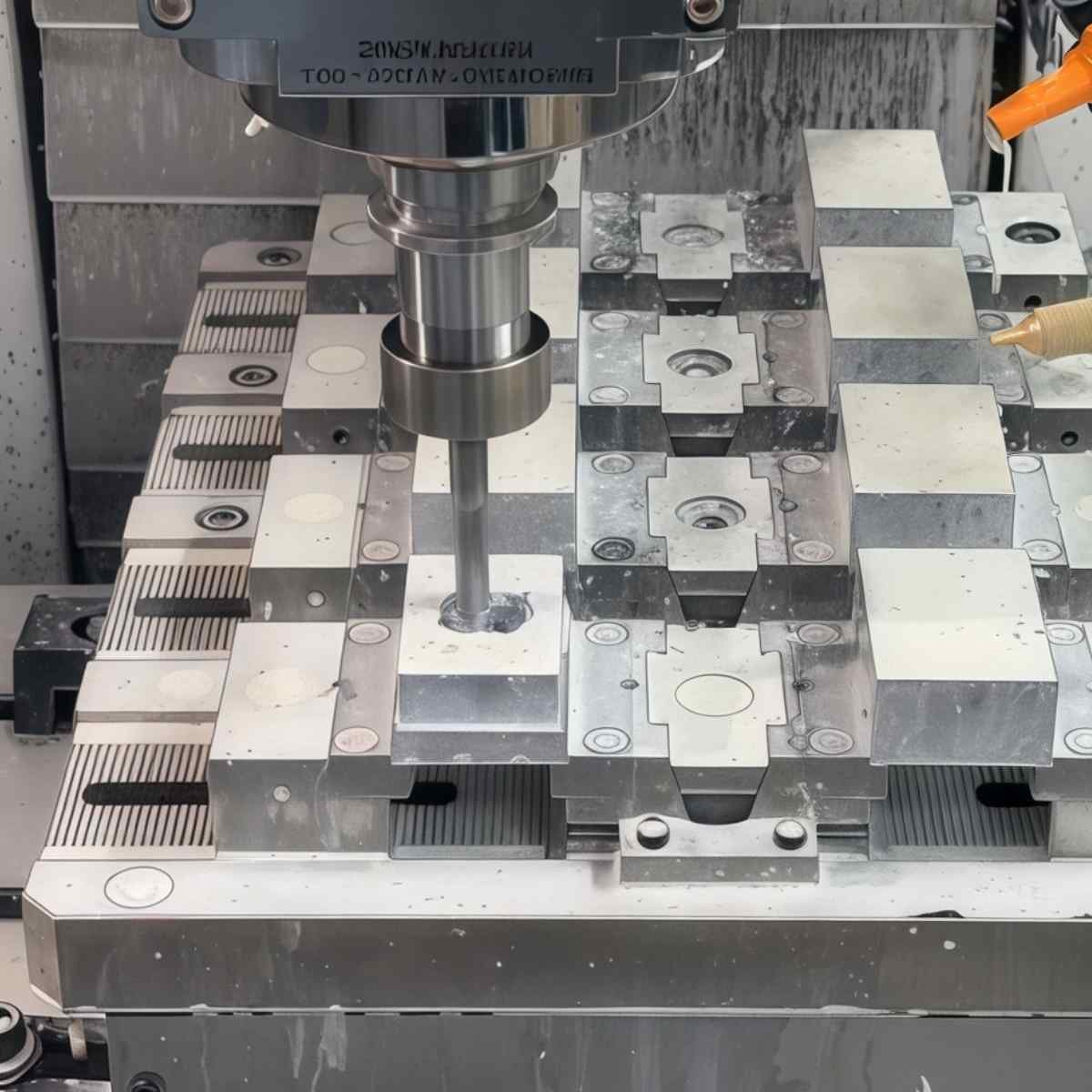 Machining fixture holding a metal workpiece with locating pins and clamps in a CNC milling machine