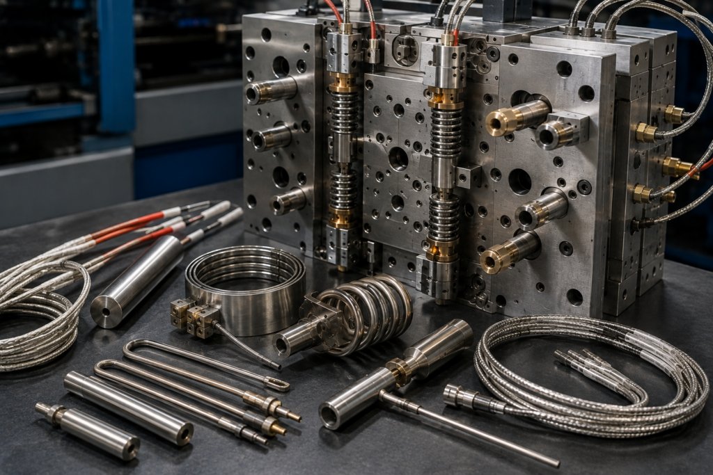 K Type Thermocouple: The Simple 2026 Guide for Hot Runner Molds 3 Heater bands and manifold components inside a hot runner mold where a k type thermocouple range is put to work